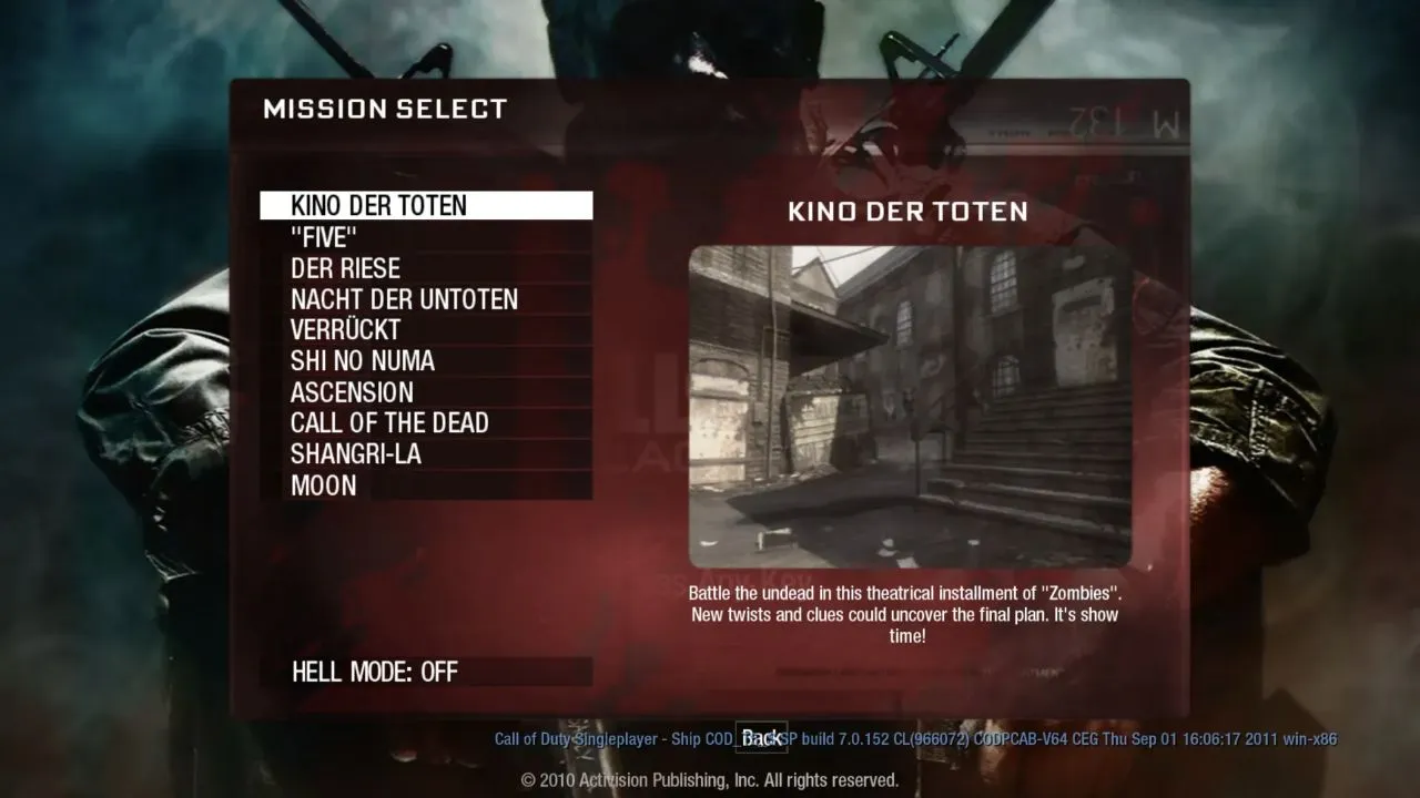 Black Ops Zombies mission selector with Kino der Toten highlighted.