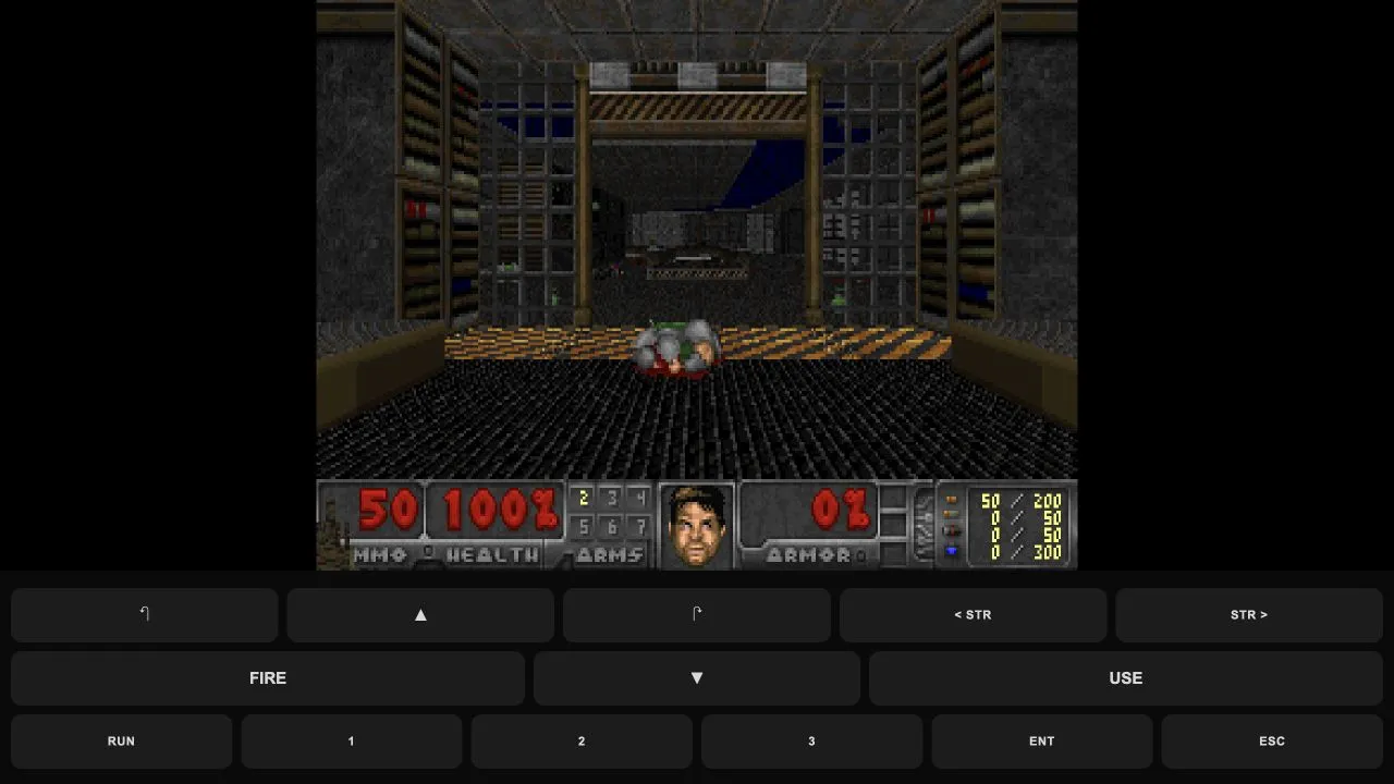 Freedoom Phase 1 first level running with browser touch controls below the game view.