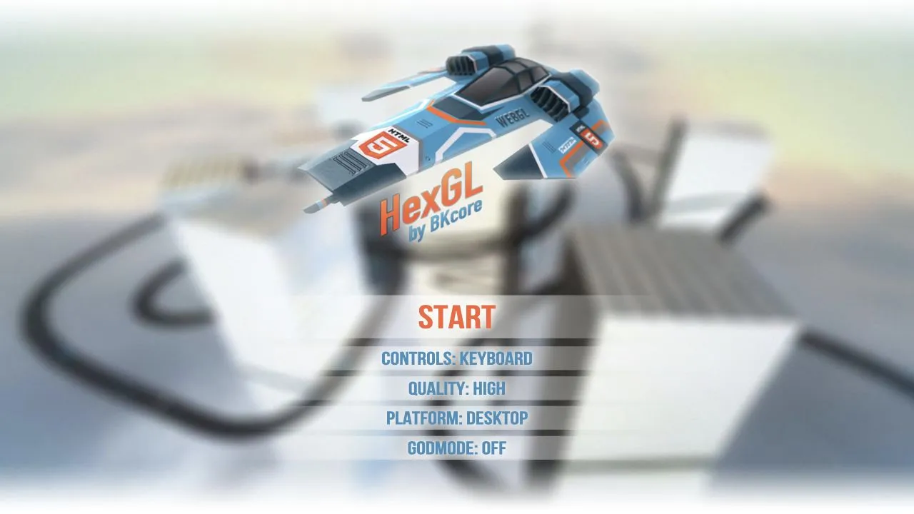 HexGL start menu with keyboard, quality, desktop, and godmode options.