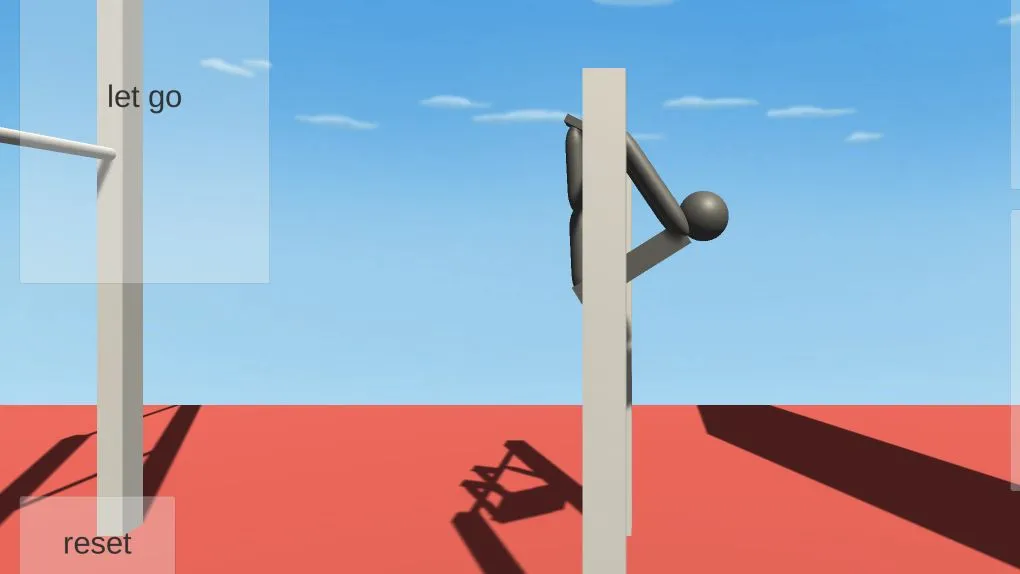 NoomiClone character hanging from a bar against a blue sky and red ground.