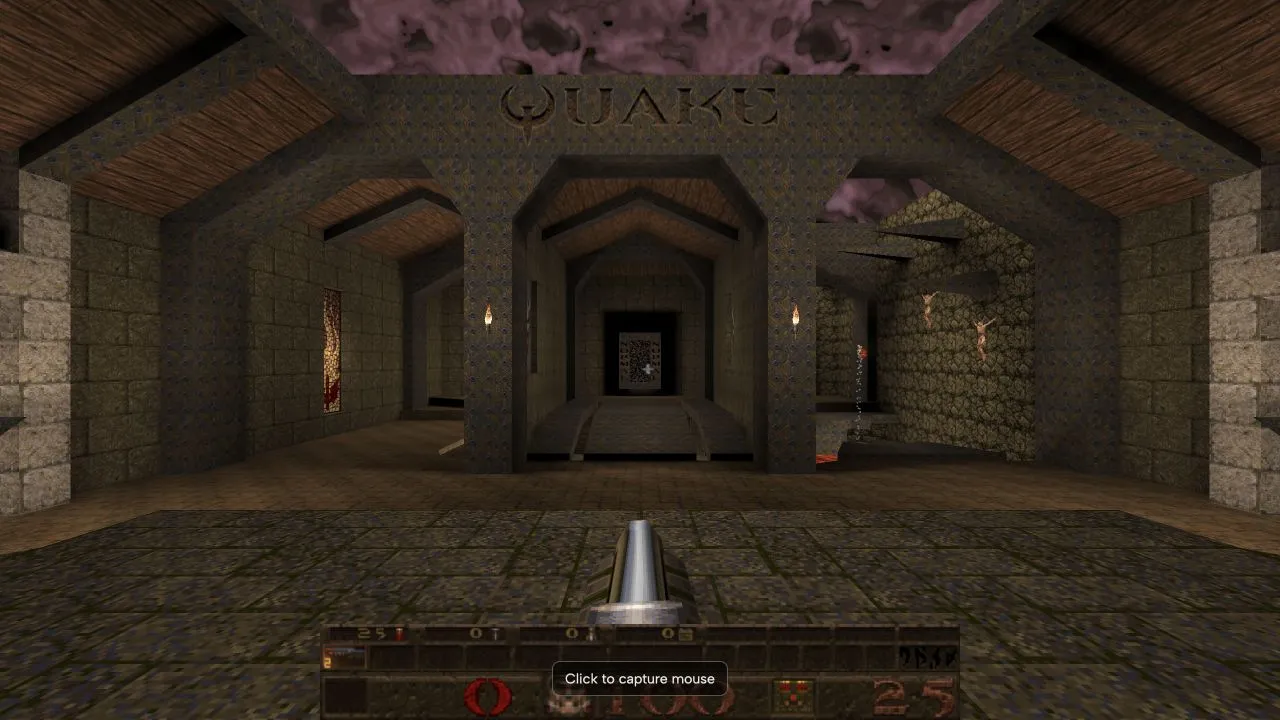 Quake's new-game starting room in a desktop browser session.