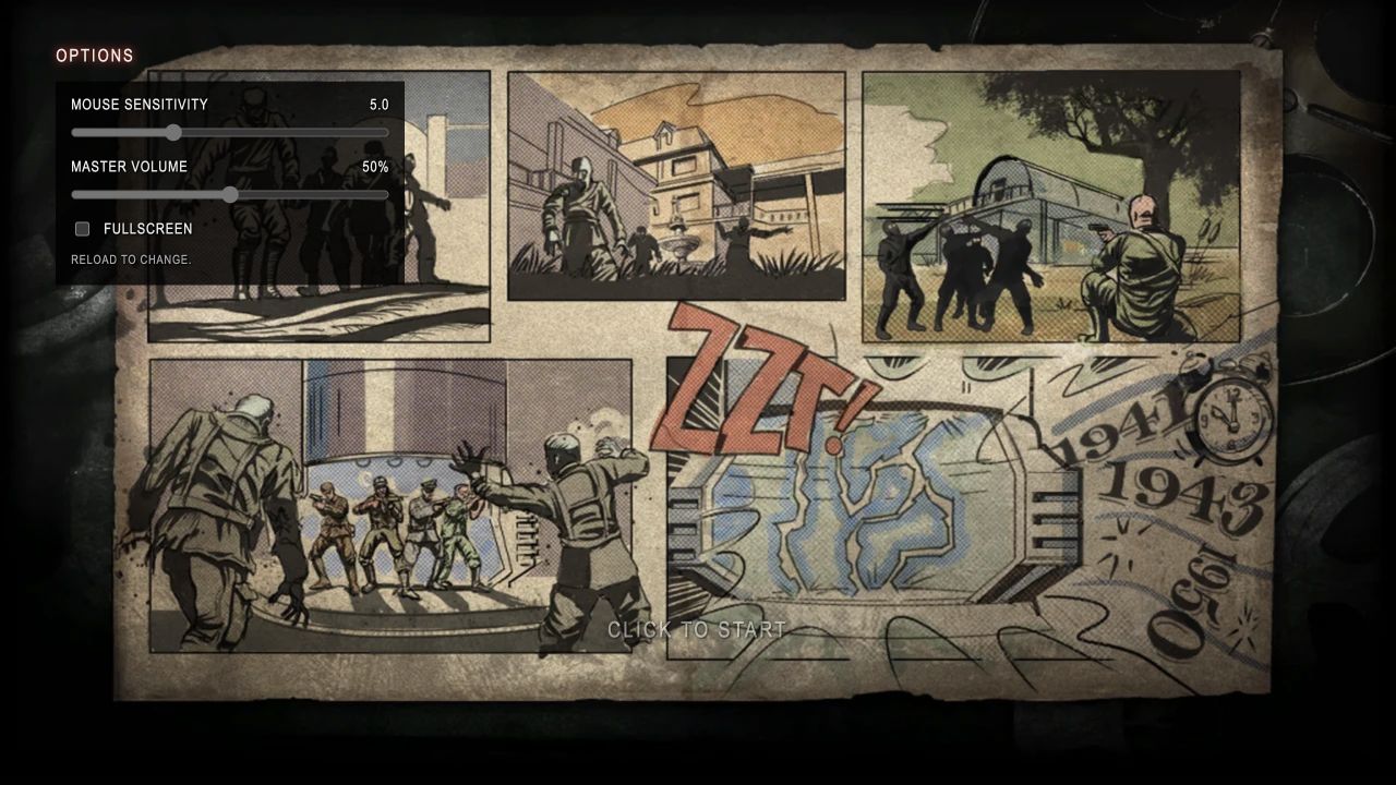Kino der Toten startup screen with Click to Start and the Options panel open.